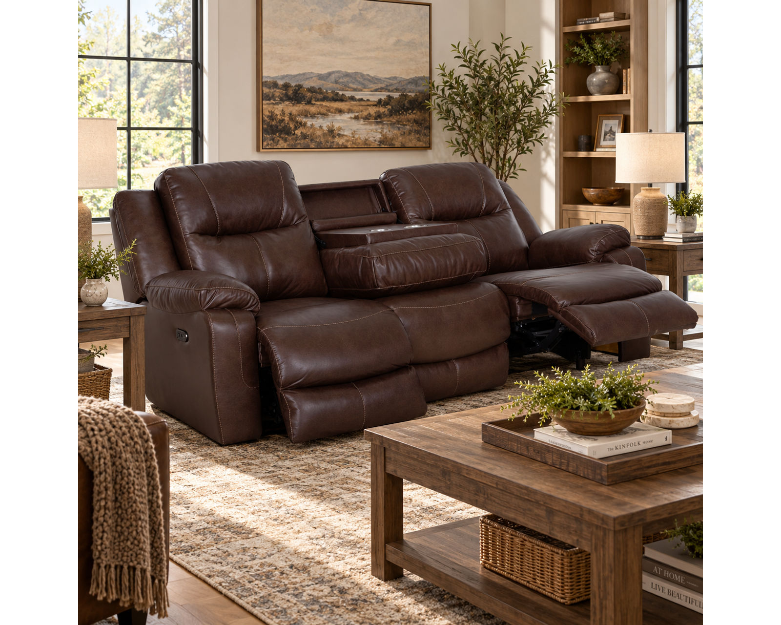 Culver 90" Reclining Sofa with Drop-Down Table & Cupholders (Leather-Look Style. Plush Comfort. Designed Around the Way You Relax) - Includes Center Drop Down Table with Metal Cupholders