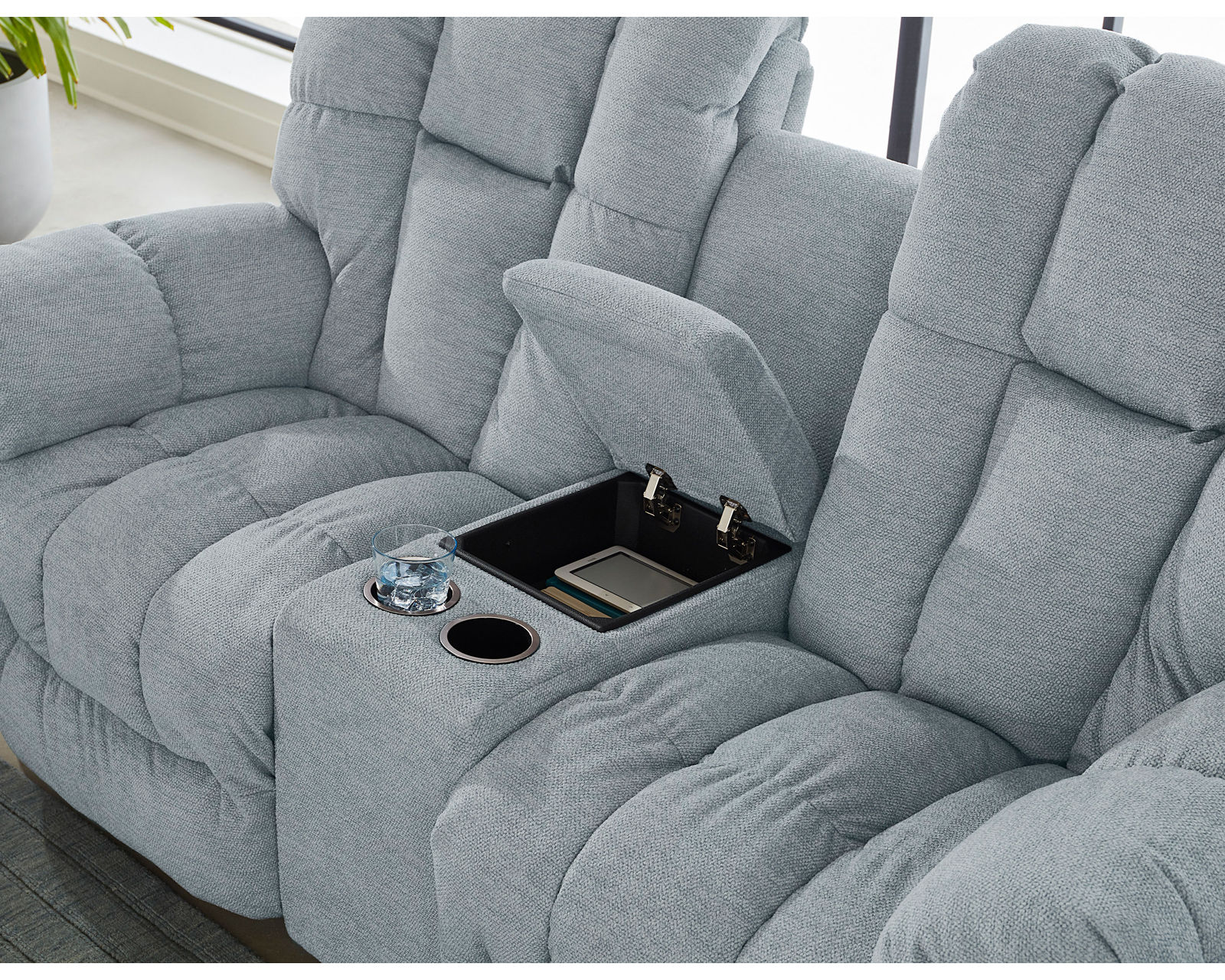 Lucas Double Reclining Sofa (+100 fabrics) 87" - Center storage with cupholdeers