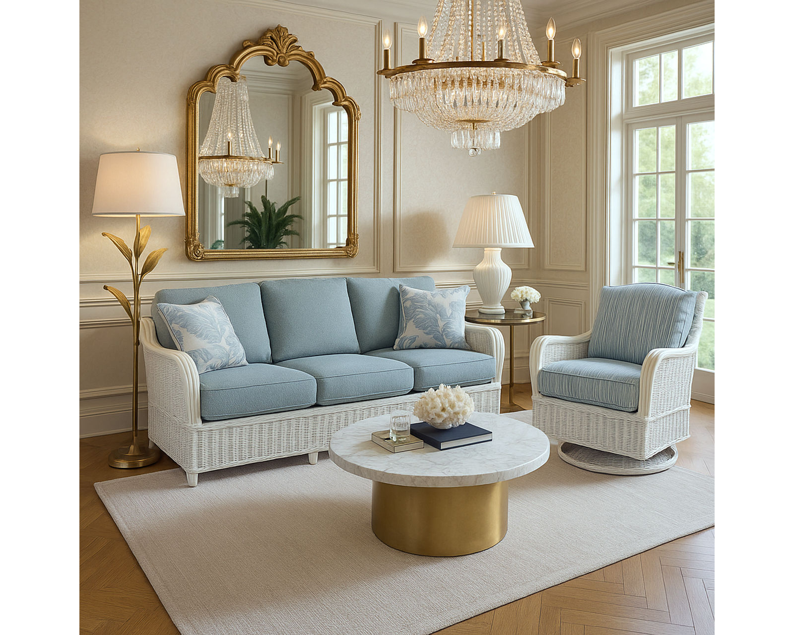 Bodega Bay 84" Rattan Sofa (+28 finishes +69 fabrics) - Bodega Bay 84" Rattan Sofa and Swivel Chair