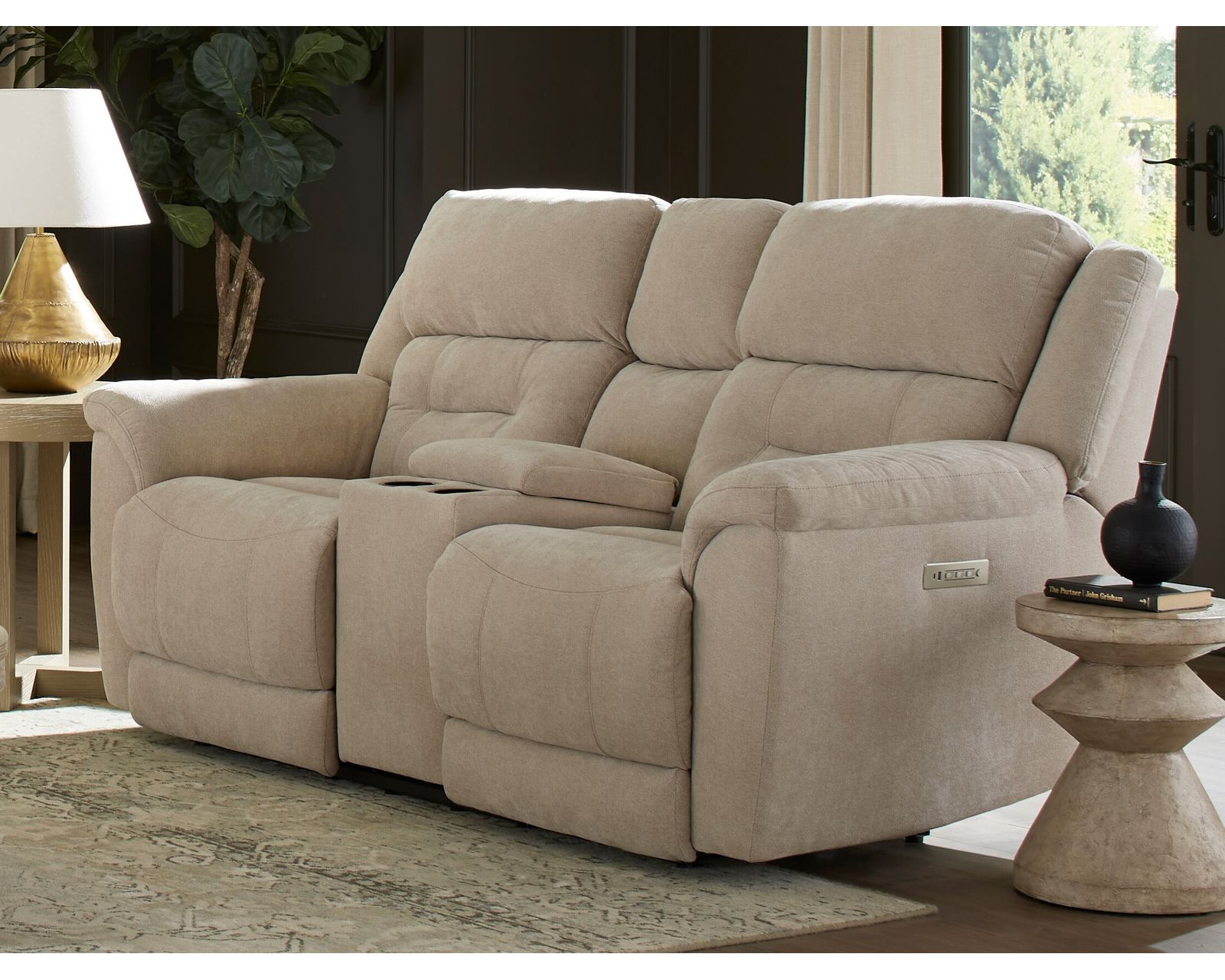 Knockout 79" Zero Gravity Triple Power Reclining Console Loveseat Tan (In stock) - Knockout 79" Zero Gravity Triple Power Reclining Console Loveseat