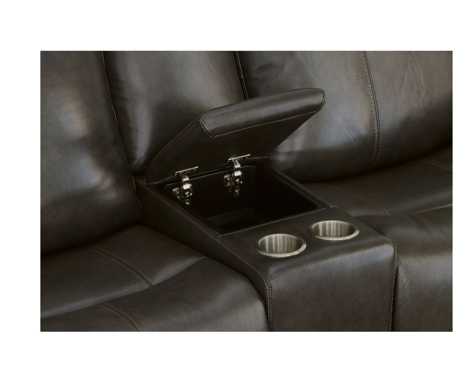 Odell Power Reclining Loveseat with Console, Power Headrests & Lumbar(Dark gray leather) in stock - Console features storage, cupholders and USB charging