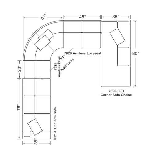 Layout J: Five Piece Sectional (Corner Sofa Chaise Right Side) 150" x 131"