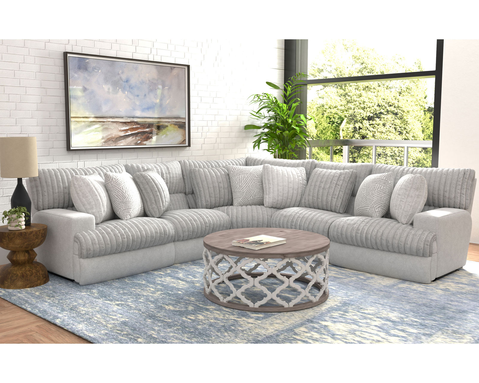 Abraxas Two Tone Modular Reclining Sectional (includes pillows) - Layout K: Five Piece Reclining Sectional 127" x 127" (2 Recliners)