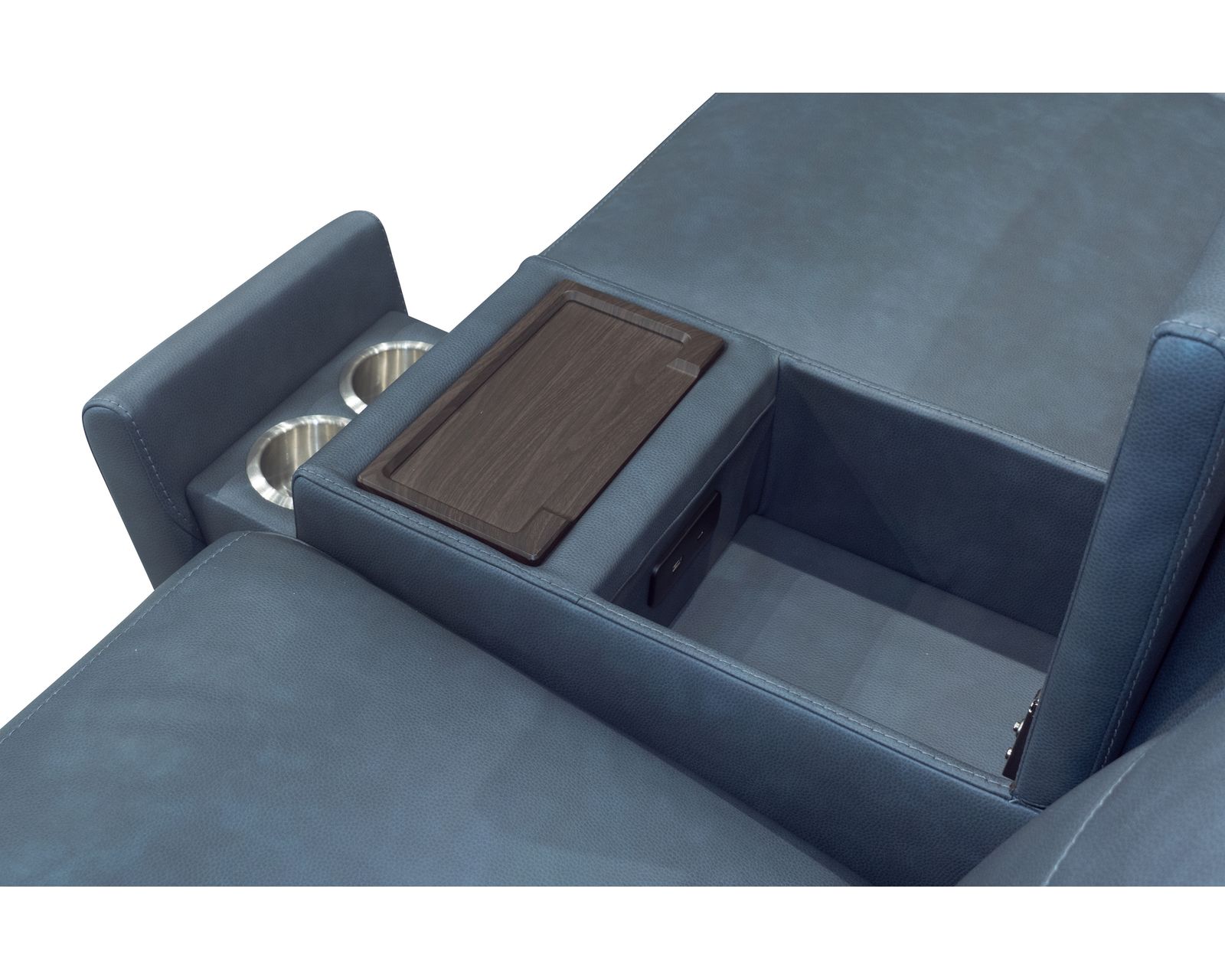 Vernon 1592 Triple Power Reclining Sectional with Heat and Massage (2 colors) 386-40 - In stock - Drop-down back cushion contains a storage compartment with USB-A and USB-C charging ports, wireless charging tray, two cupholders and touch-lighting