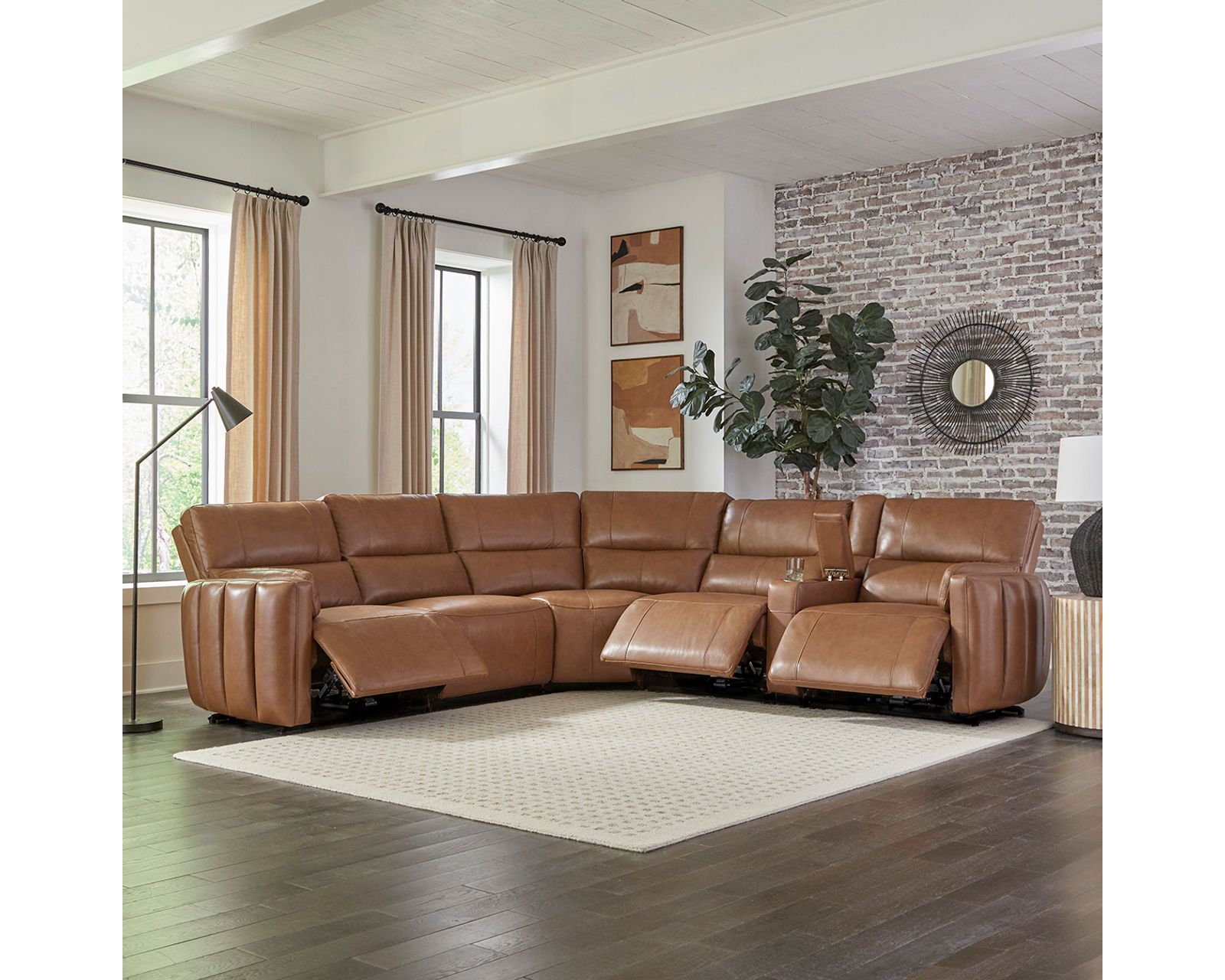 Modesto Power Headrest Power Reclining Leather Sectional (In Stock - Fast Shipping) - Layout A: Six Piece Reclining Sectional (2 Recliners)  125" x 132"