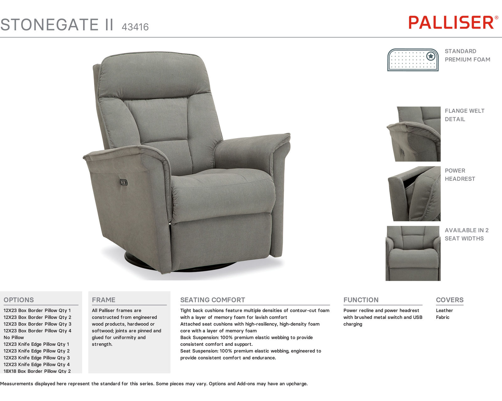 Stonegate II 43416 Power Headrest Power Recliner (34" wide) +200 colors