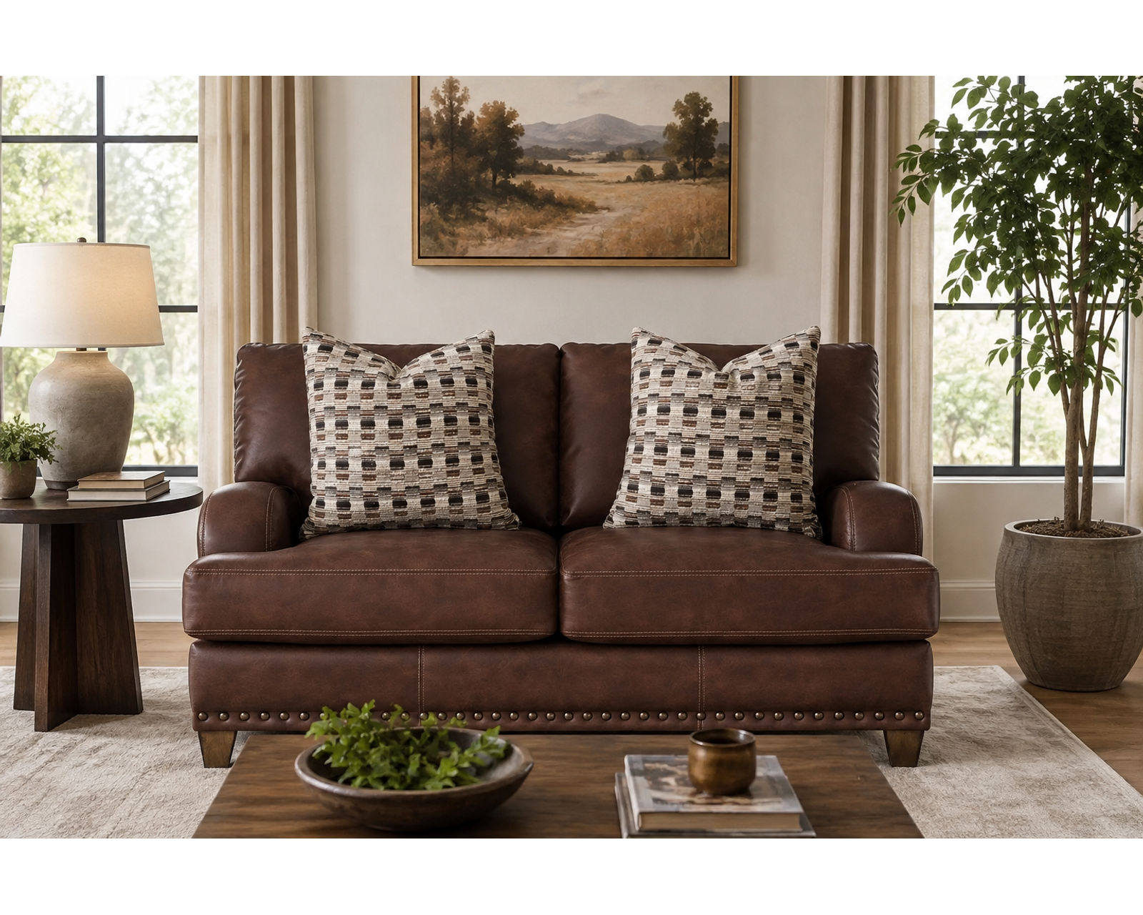 Dayton 93" Leather-Look Fabric Sofa (Rugged Character. Sink-In Comfort. Timeless Style) - Shown in Durable Leather Like Fabric Color Auburn