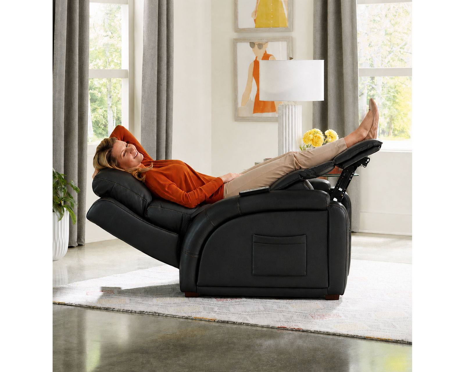 Reliever Power Headrest Power Lay-Flat Recliner Advanced Wellness Comfort with Deep-Tissue Massage, Heat, Power Lumbar & Zero Gravity Relaxation (two colors) - Shown in Leather Color Black