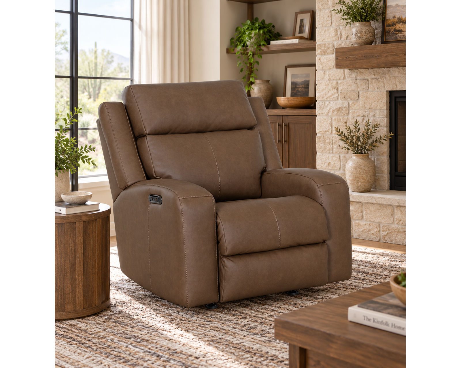 Winston 92" Reclining Sofa with Drop-Down Table & Cupholders Taupe (Sophisticated Style. Serious Comfort. Neori Air Massage Option) - Shown in Durable Leather Like Fabric Color Taupe