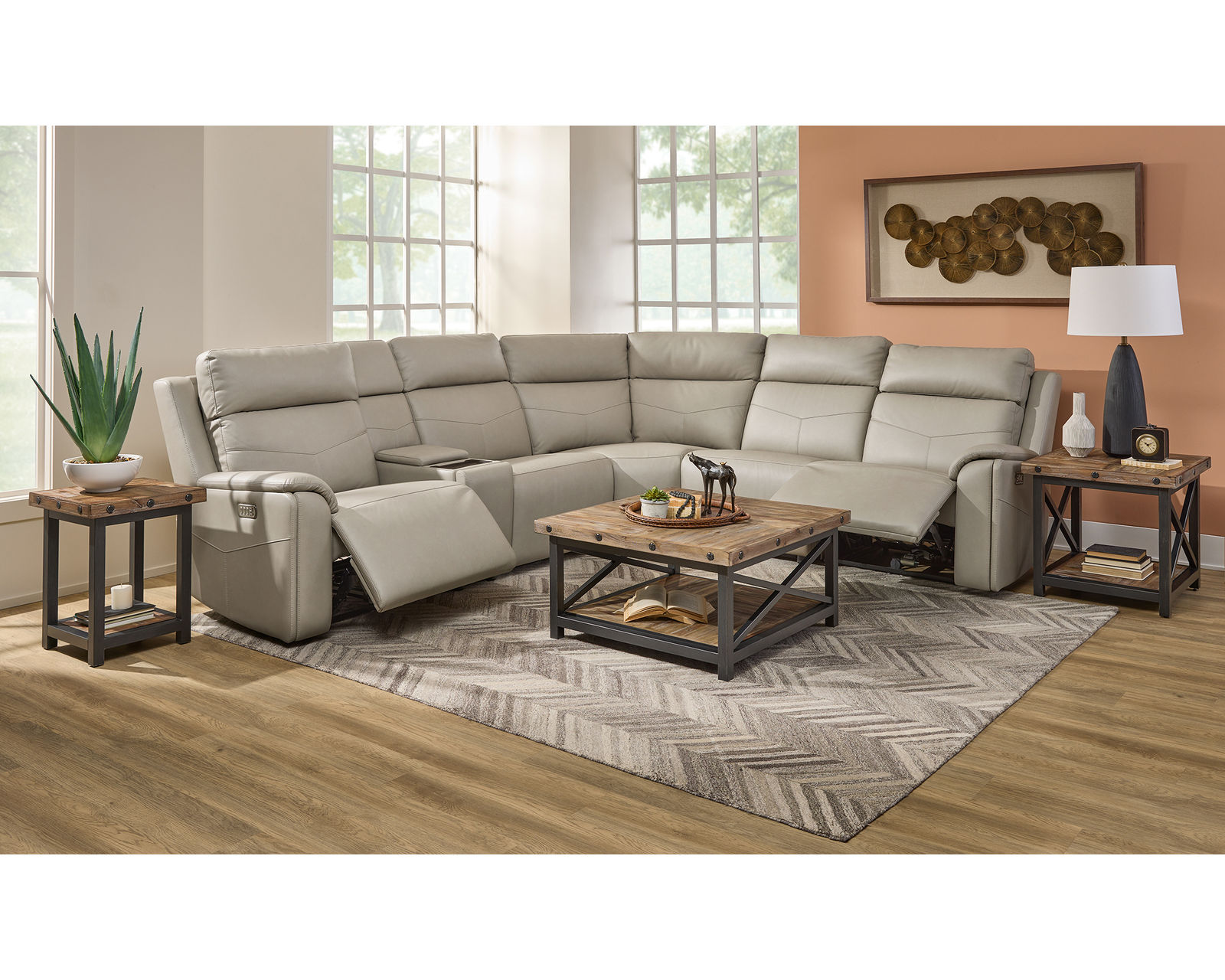 Vernon 1592 Triple Power Reclining Sectional with Heat and Massage (2 colors) 386-01 - In stock - Layout A: Six Piece Reclining Sectional 124" x 111" (2 recliners