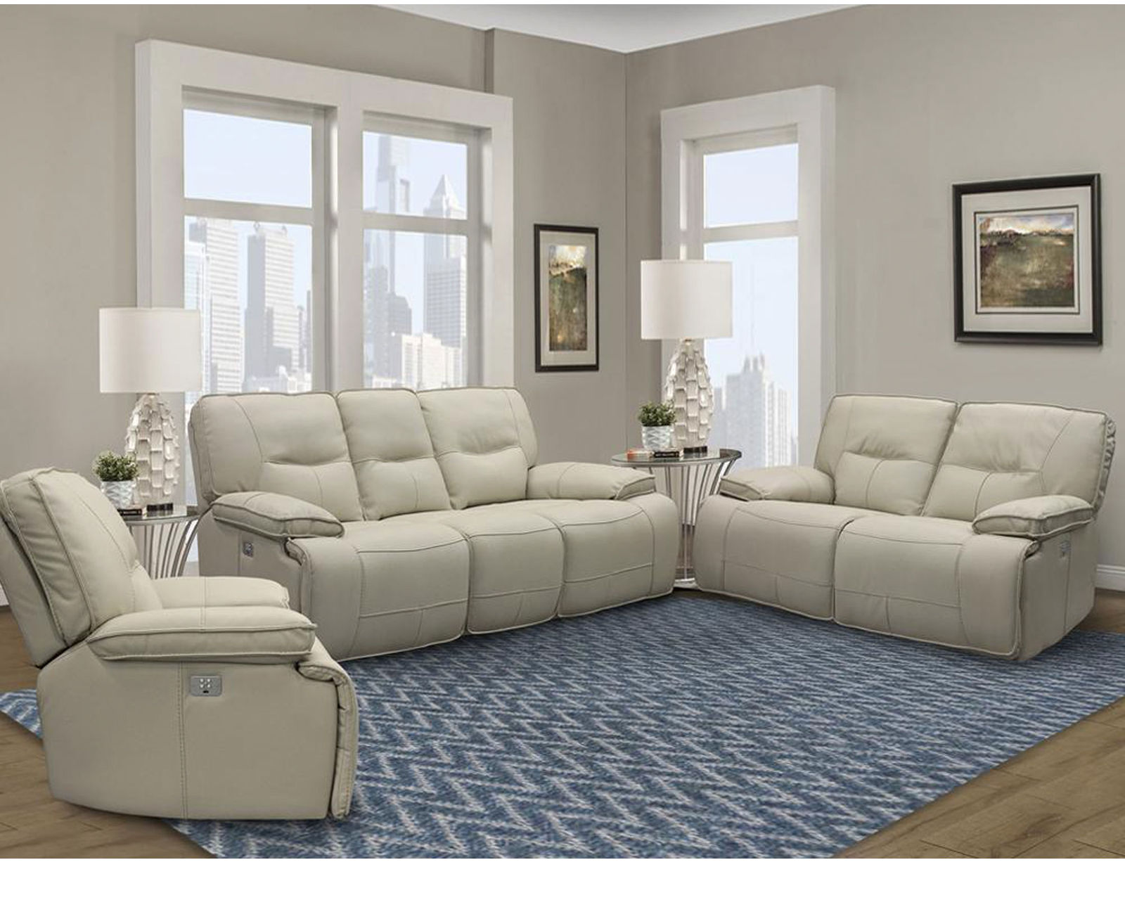 Spartacus 87" Power Headrest Power Reclining Sofa Oyster (In stock - Fast shipping) - Spartacus Oyster Power Headrest Power Reclining Loveseat