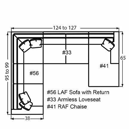 Layout H: Three Piece Sectional 95" x 124" x 65" (Size varies due to arm selection)