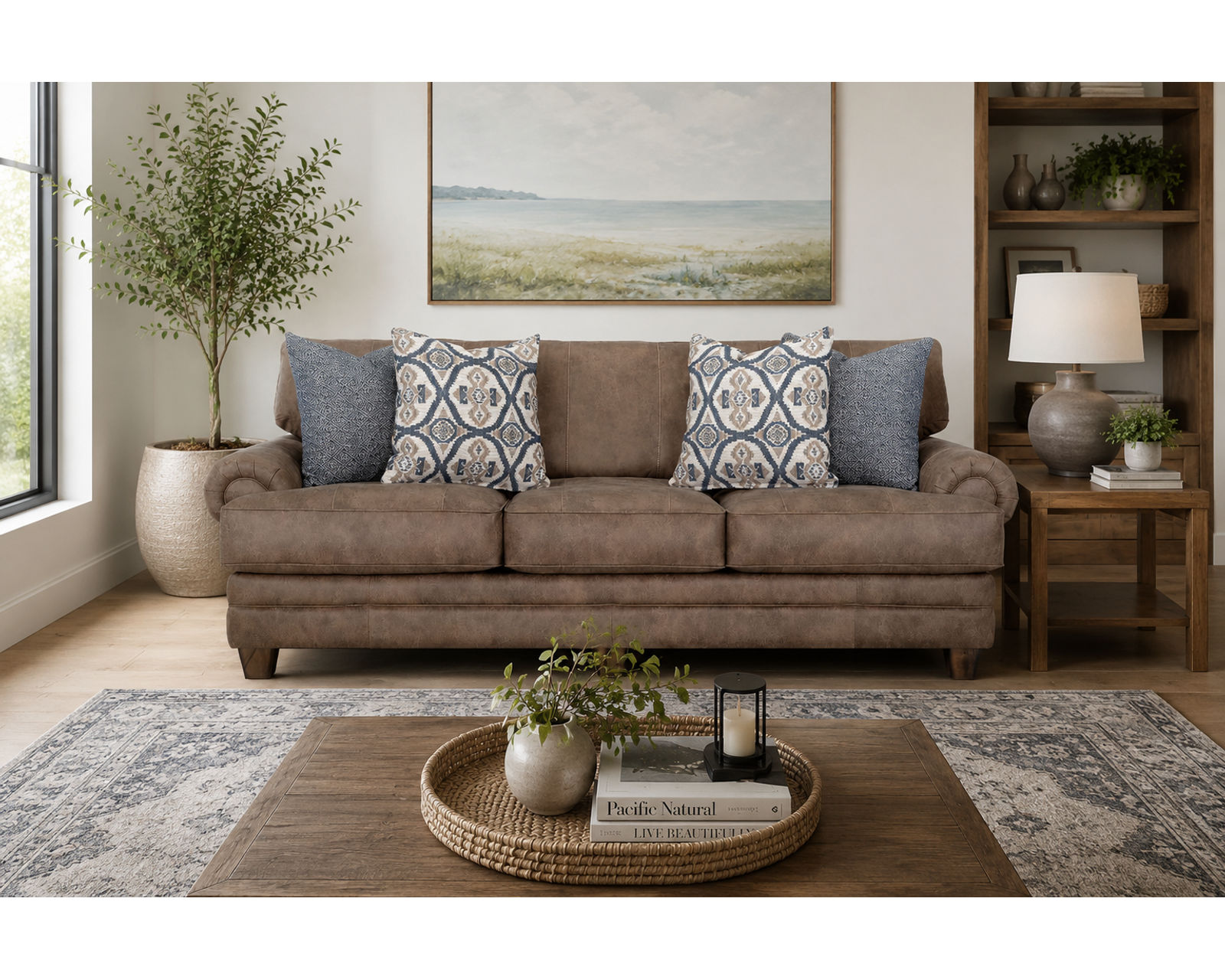 Sicily 101" Wide Sofa (The Look of Worn Leather. The Softness of Fabric) - Shown in Leather Like Fabric Hazelnut