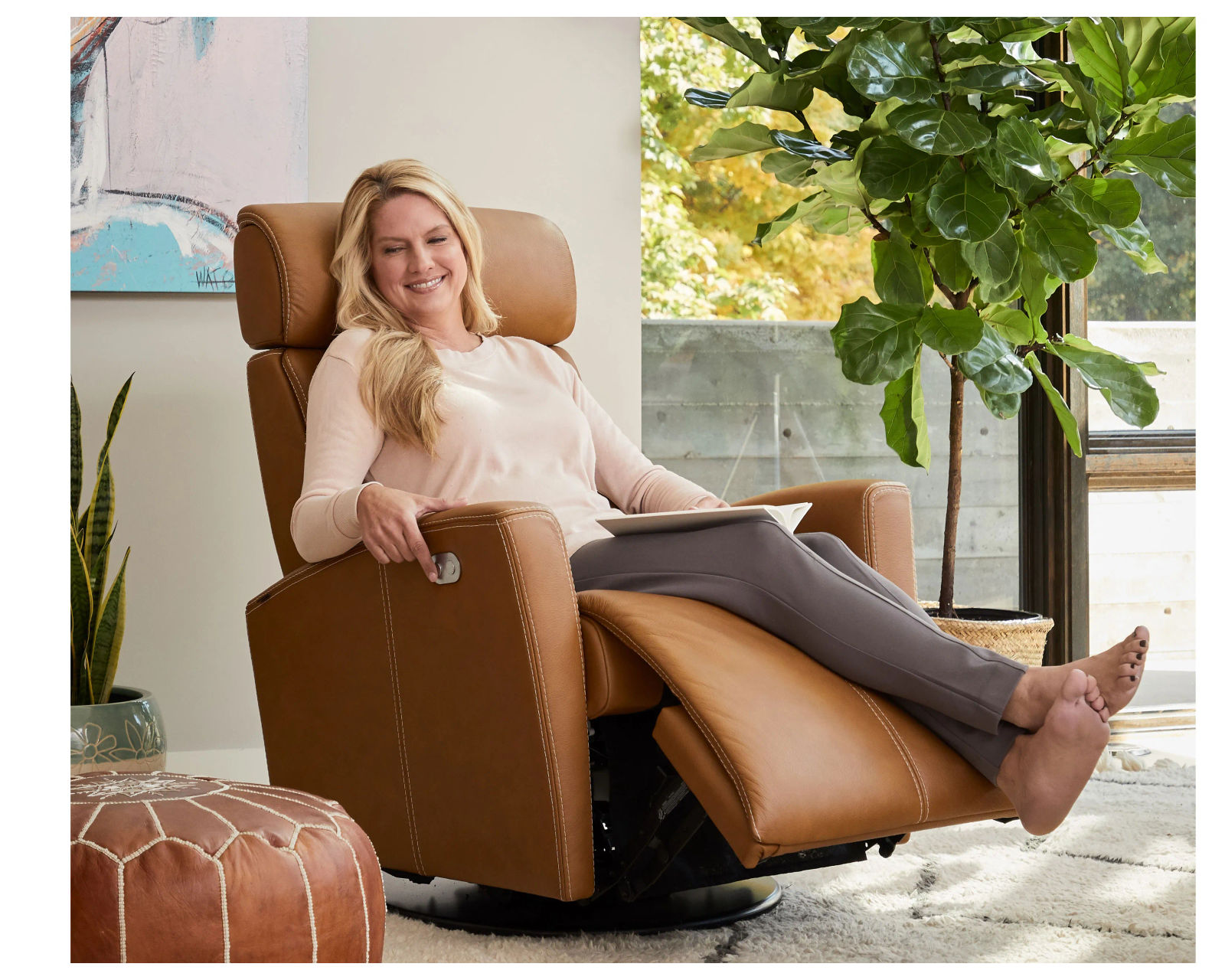 Milan Swivel Glider Power Headrest Power Recliner Vintage Cognac (In stock - Fast Shipping)