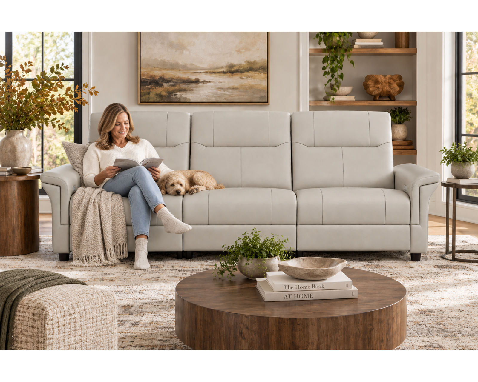 Melbourne 105" Power Reclining Sofa Ocean (Modern Scandinavian Style. Power Comfort Made for Living) IN STOCK - Shown in Top Grain Leather Color Trend Arctic Grey