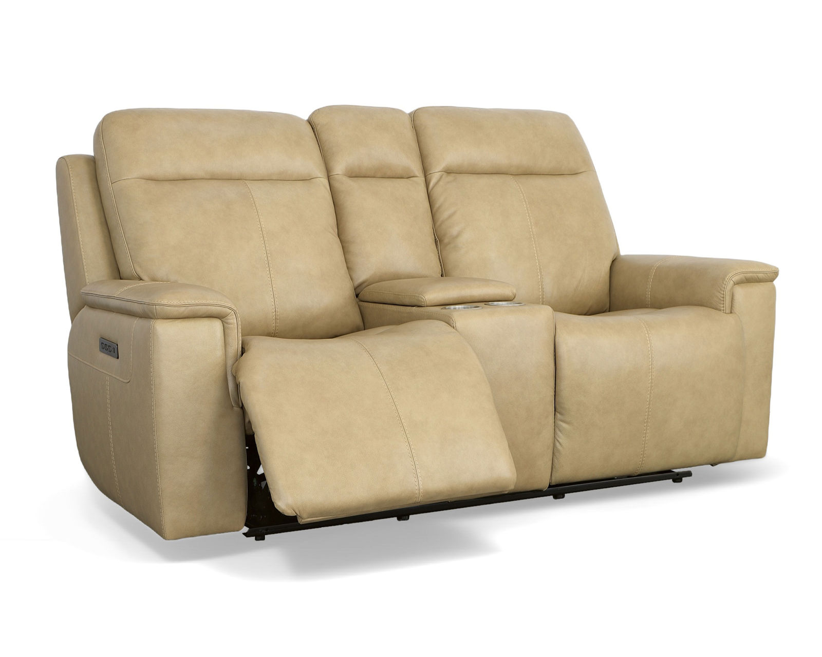 Odell Power Reclining Loveseat with Console, Power Headrests & Lumbar(Dark gray leather) in stock - Shown in beige leather color