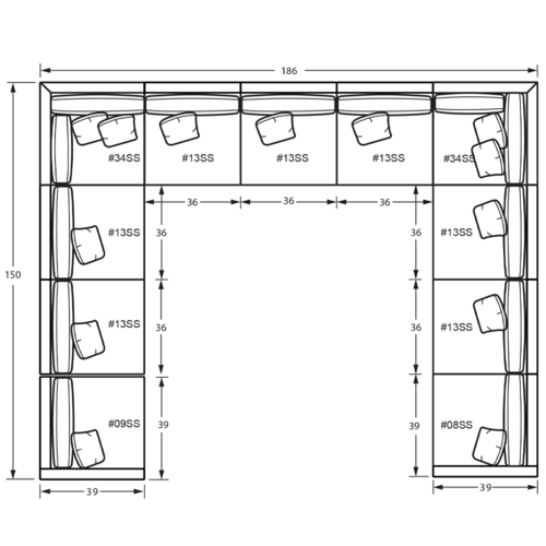 Layout J: Eleven Piece Sectional 150" x 186" x 150"