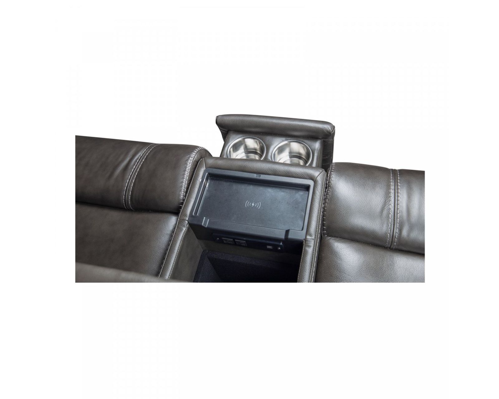 Glenwood 88" Leather Sofa w/Power Recline, Power Head Rests & Power Lumbar (Lay Flat) Steel - In stock - Metal Cupholders and Wireless Charging in Center Console