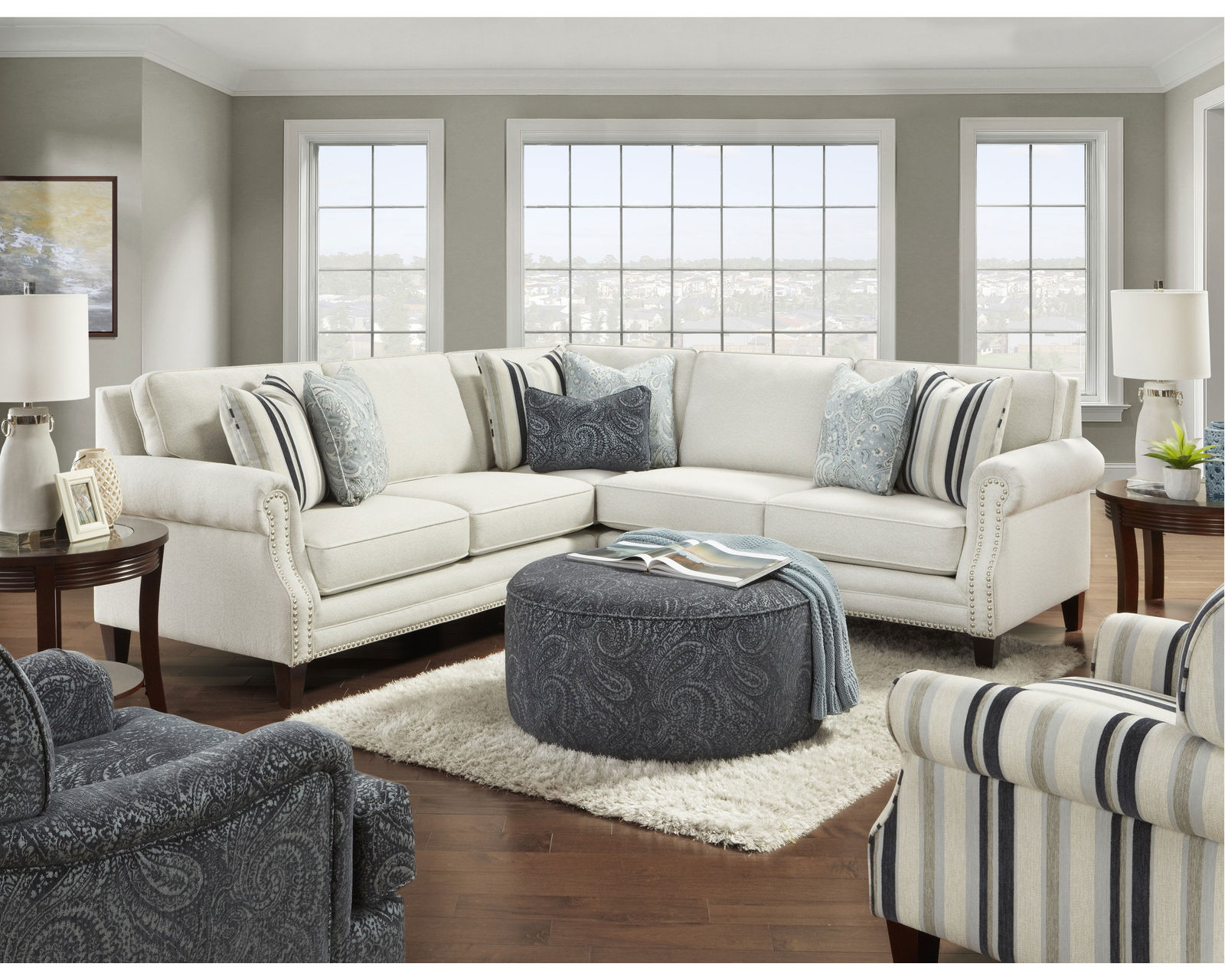 Sweater Bone Three Piece Stationary Sectional (Includes Pillows - Performance Fabric)