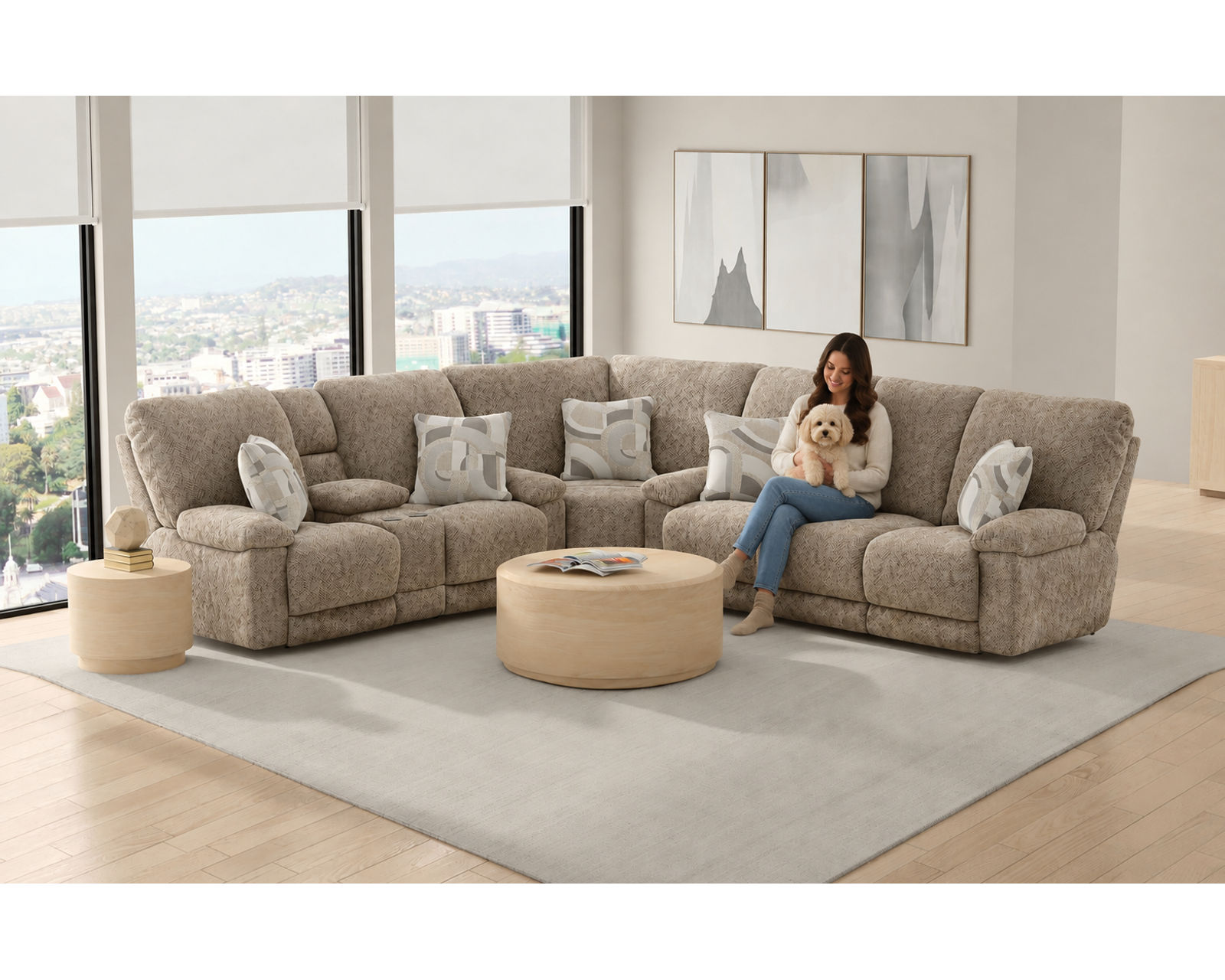 Beacon Three Piece Lay Flat Triple Reclining Sectional with Drop Down Table - 115" x 124" (includes pillows) - Image 3