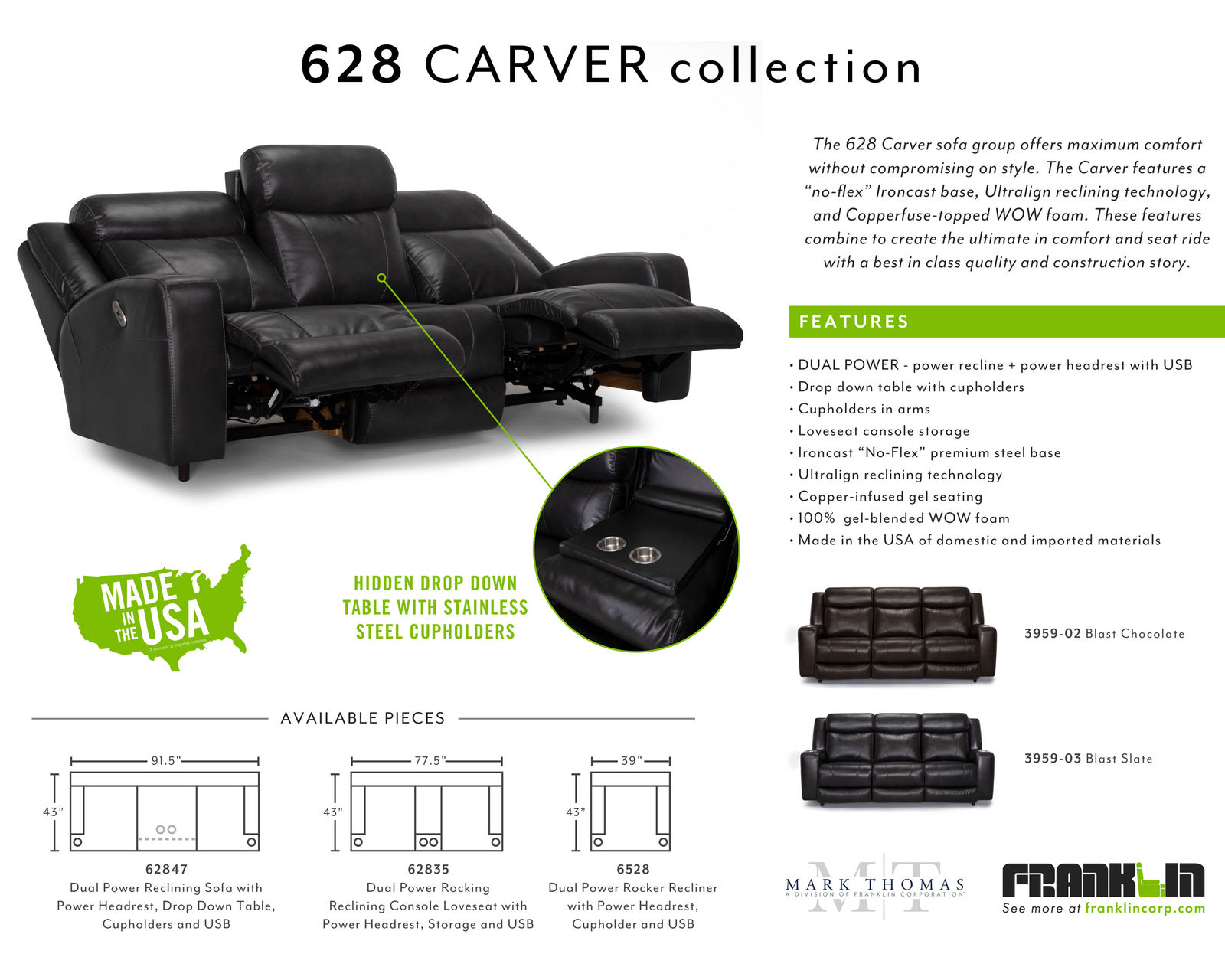 Carver 91" Power Headrest Power Reclining Sofa with Cupholders & USB Fold Down Table (Leather Like Fabric) - Image 17