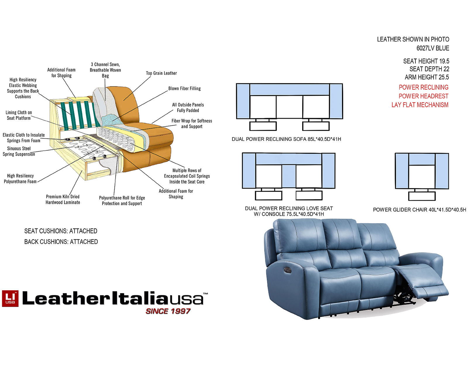Bel Air Leather Power Headrest Power Reclining Sofa - Image 10