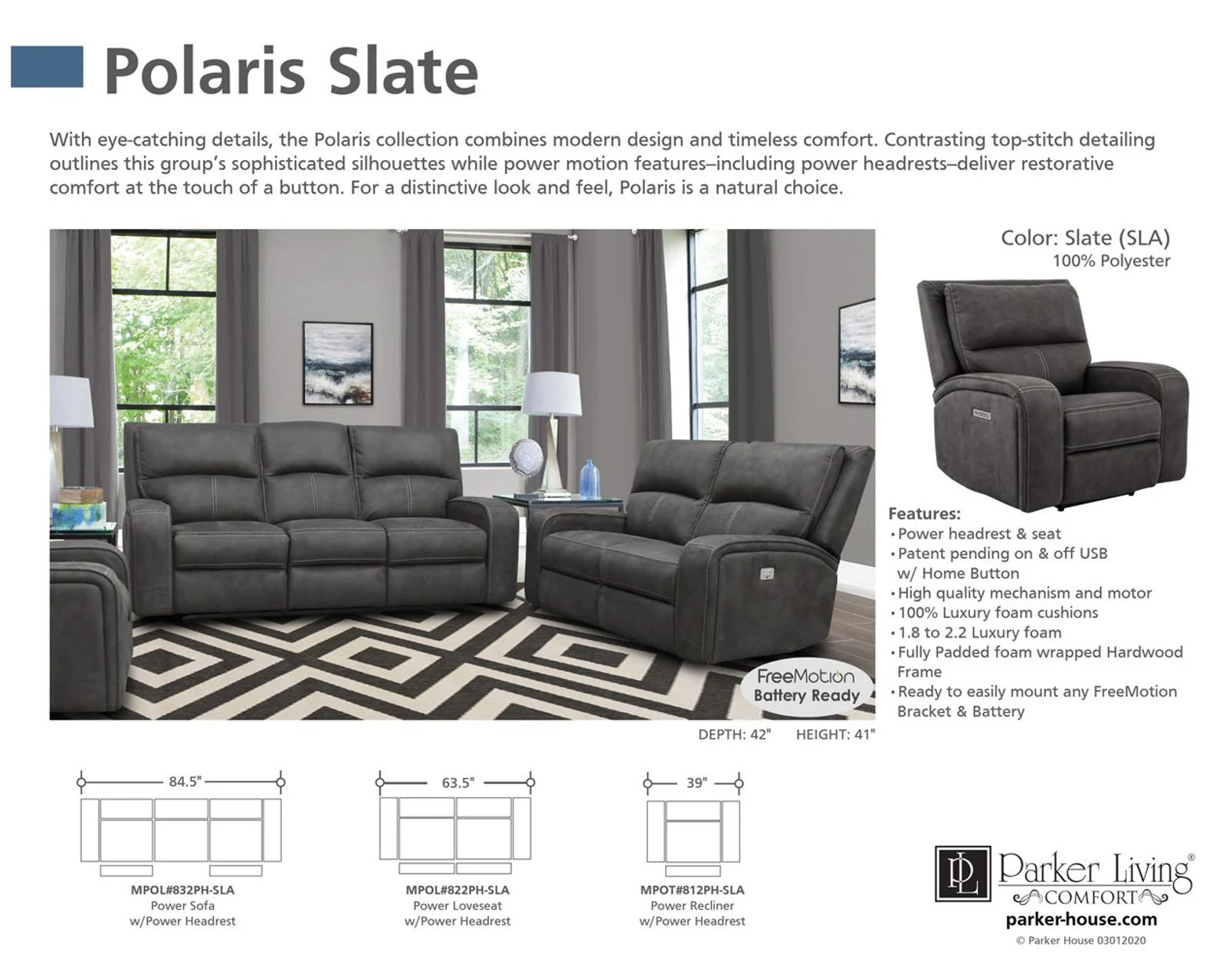 Polaris Slate 84" Power Headrest Power Reclining Sofa - Image 8