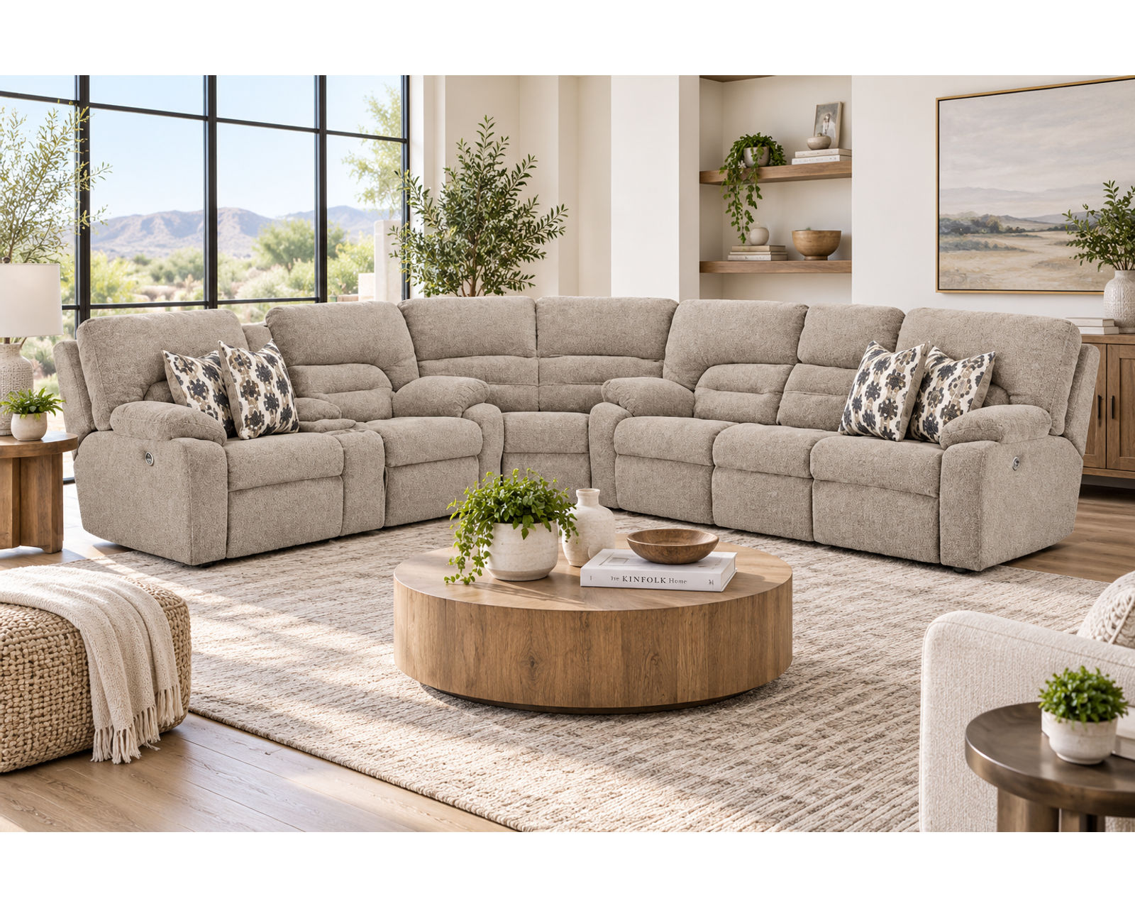 Tribute 797 Three-Piece Dual Power Reclining Sectional Stone (center drop-down table - built-in reading lights, stainless-steel cupholders, USB charging and wireless charging - drop down table) - Image 4