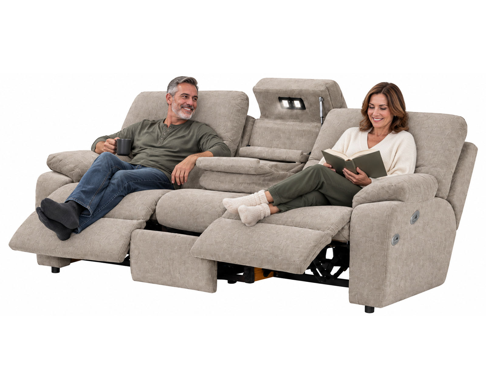 Tribute 797 Three-Piece Dual Power Reclining Sectional Stone (center drop-down table - built-in reading lights, stainless-steel cupholders, USB charging and wireless charging - drop down table) - Image 15