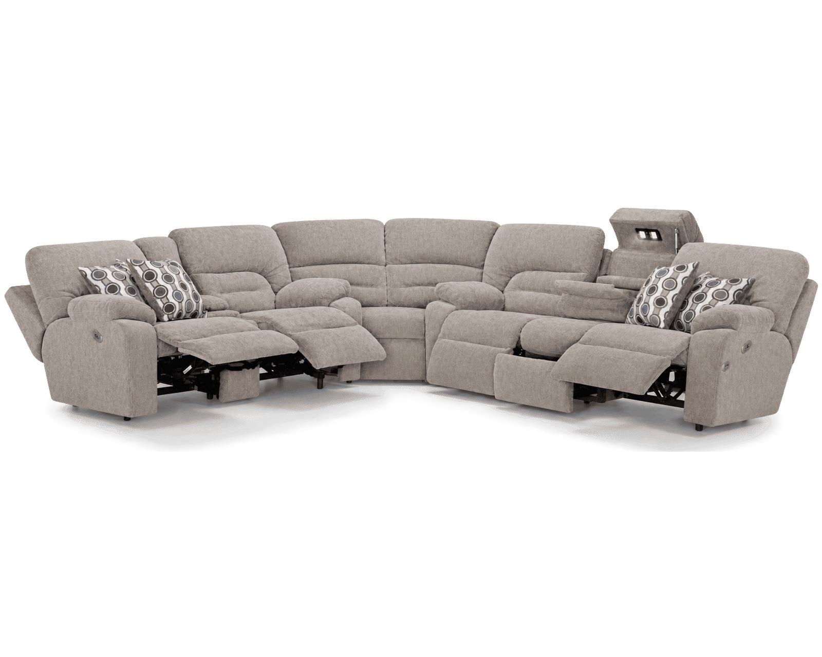 Tribute 797 Three-Piece Dual Power Reclining Sectional Stone (center drop-down table - built-in reading lights, stainless-steel cupholders, USB charging and wireless charging - drop down table)